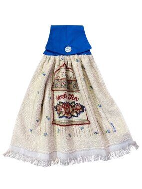Vintage Hanging Tea Towel With Herbal Tea Canister Embroidery & Blue Button Clos